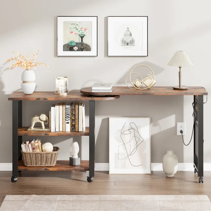 Table d'appoint rotative à 360° avec station de chargement USB, roulettes verrouillables et 3 niveaux de rangement