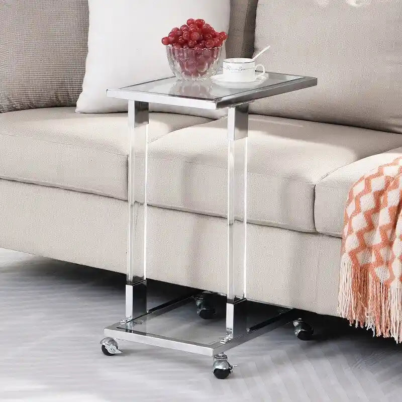 Grondin Modern Contemporary C-Shaped Side Table Snack Table with Tempered Glass, Steel and Acrylic Frame, Lockable Casters