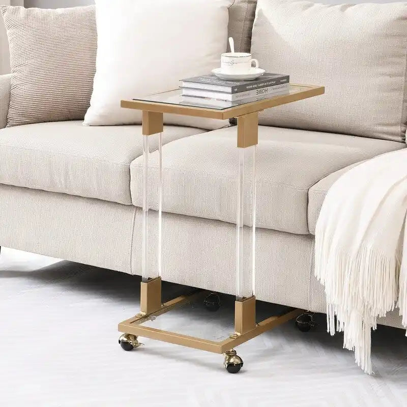Table d'appoint en C avec plateau en verre trempé, surface inclinable et roulettes verrouillables