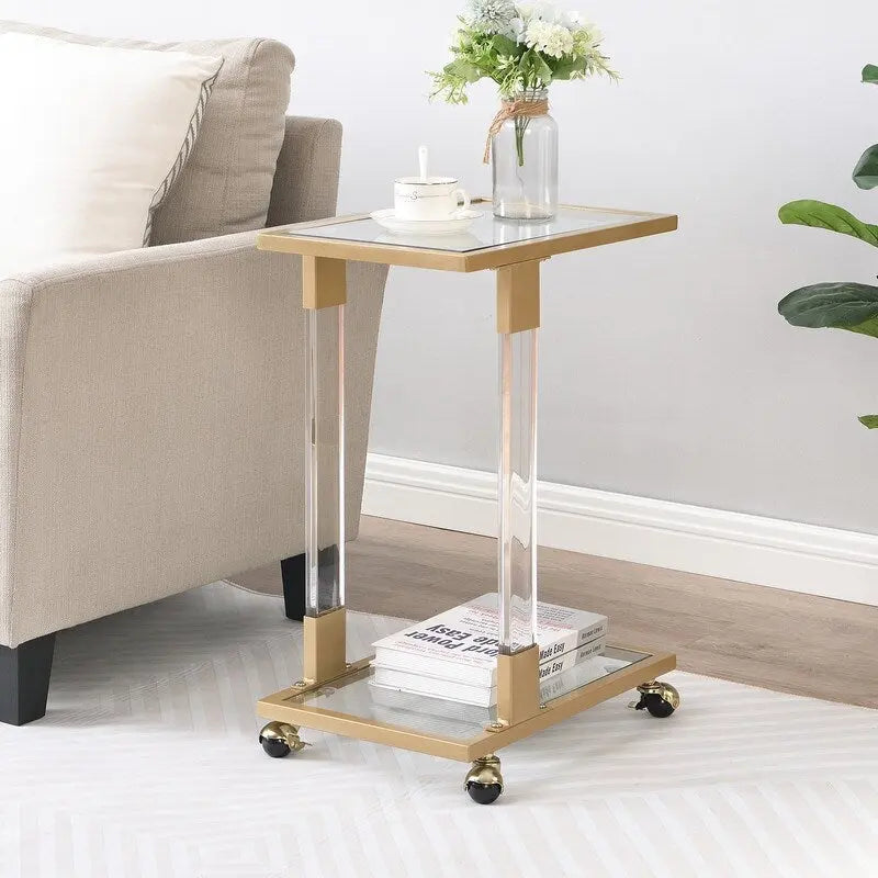 Table d'appoint en C avec plateau en verre trempé, surface inclinable et roulettes verrouillables