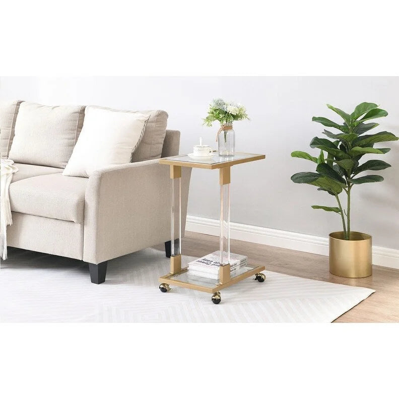Table d'appoint en C avec plateau en verre trempé, surface inclinable et roulettes verrouillables