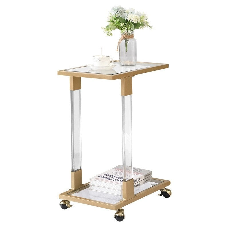 Table d'appoint en C avec plateau en verre trempé, surface inclinable et roulettes verrouillables