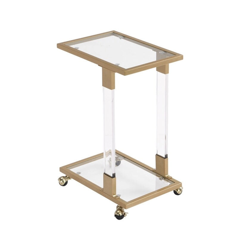Table d'appoint en C avec plateau en verre trempé, surface inclinable et roulettes verrouillables