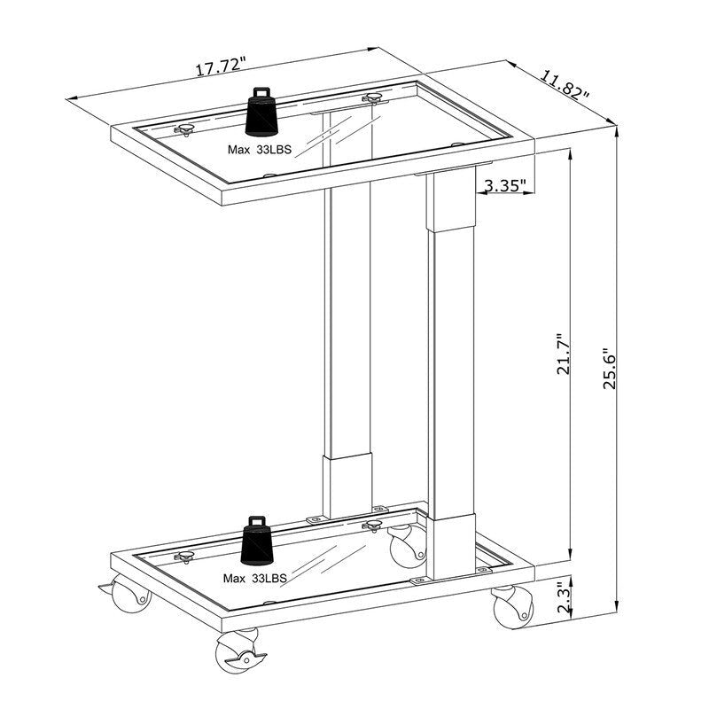 Table d'appoint en C avec plateau en verre trempé, surface inclinable et roulettes verrouillables
