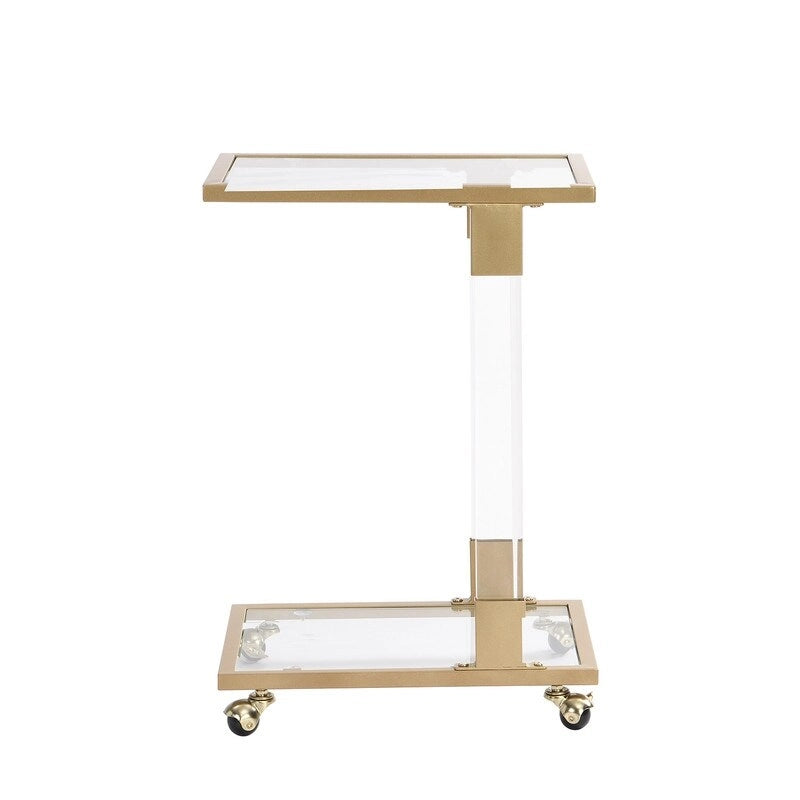 Table d'appoint en C avec plateau en verre trempé, surface inclinable et roulettes verrouillables