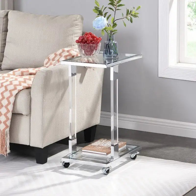Table d'appoint en C avec plateau en verre trempé, surface inclinable et roulettes verrouillables
