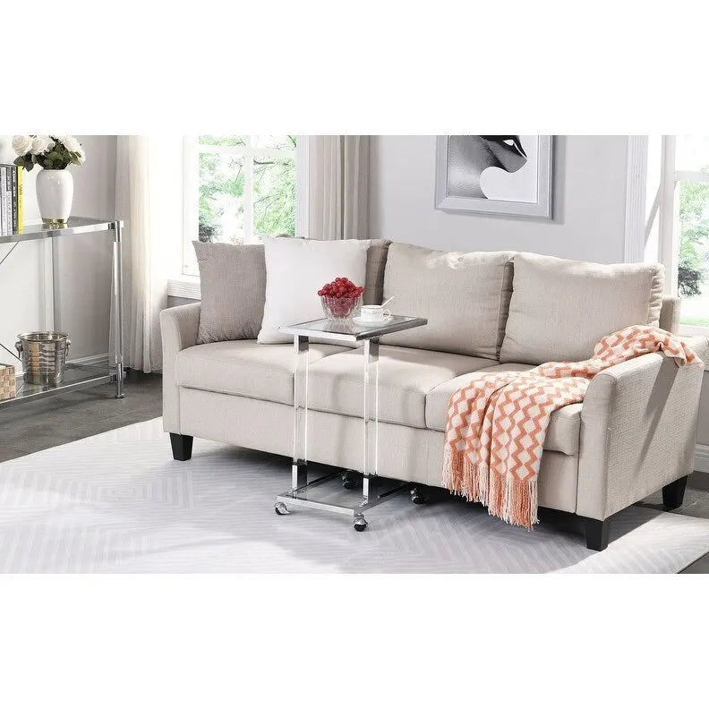 Table d'appoint en C avec plateau en verre trempé, surface inclinable et roulettes verrouillables
