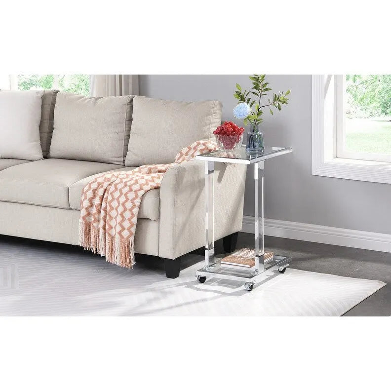 Table d'appoint en C avec plateau en verre trempé, surface inclinable et roulettes verrouillables