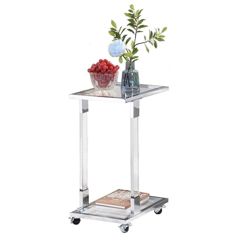 Table d'appoint en C avec plateau en verre trempé, surface inclinable et roulettes verrouillables
