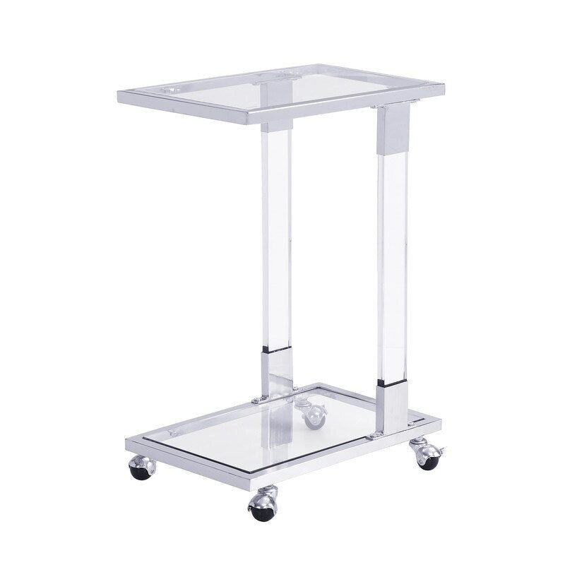Table d'appoint en C avec plateau en verre trempé, surface inclinable et roulettes verrouillables