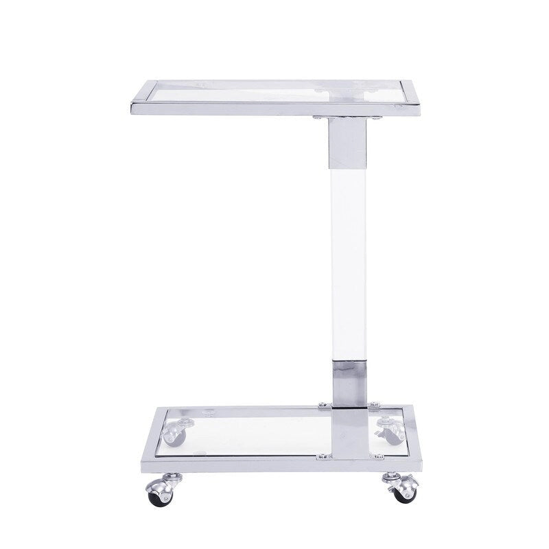 Table d'appoint en C avec plateau en verre trempé, surface inclinable et roulettes verrouillables