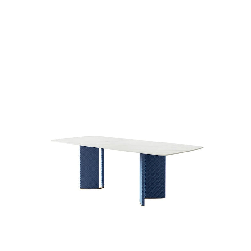 Table à manger rectangulaire en pierre frittée pour 8 — Piètement double piédestal blanc brillant