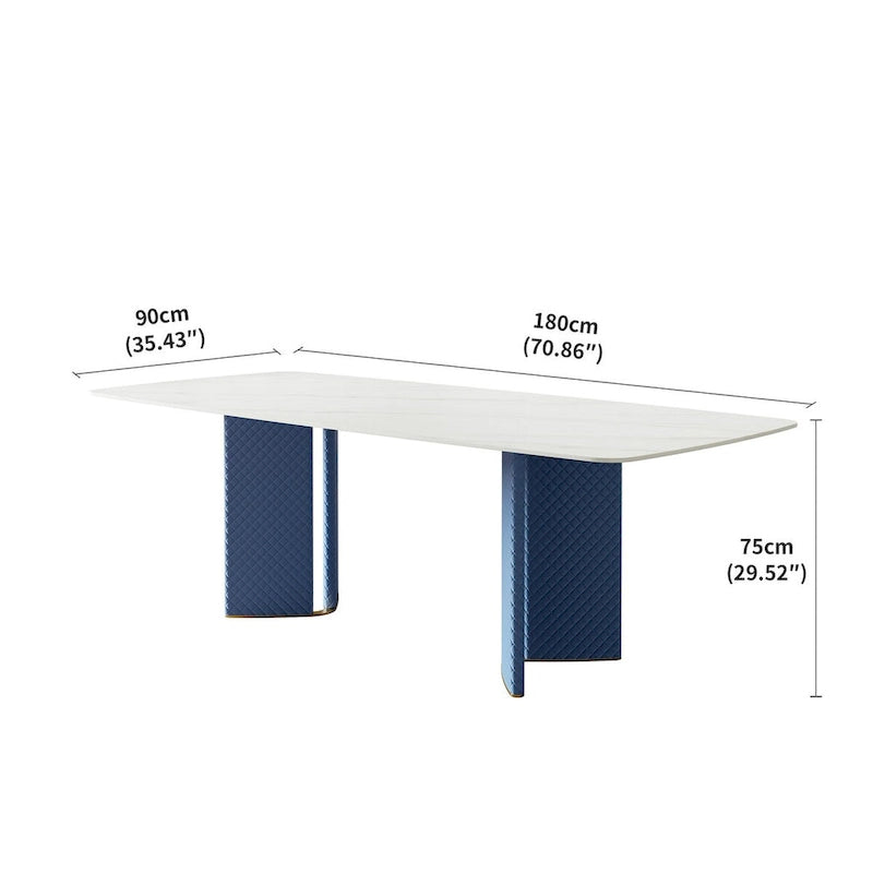 Table à manger rectangulaire en pierre frittée pour 8 — Piètement double piédestal blanc brillant