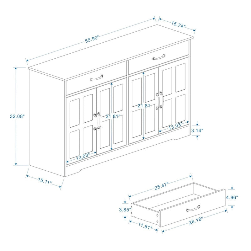 Bahut de style rustique avec 2 tiroirs et 4 portes – Grand meuble de rangement en bois