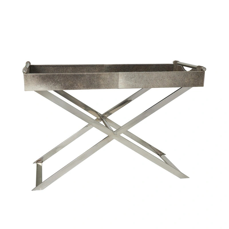 Table d'appoint en cuir de vache avec pieds diagonaux en acier inoxydable