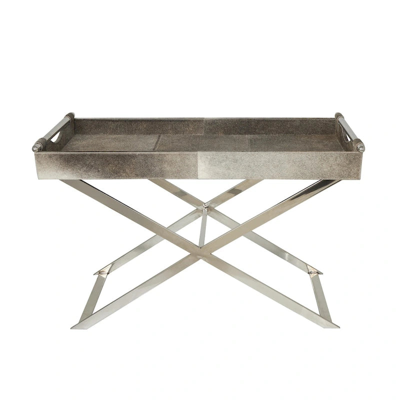 Table d'appoint en cuir de vache avec pieds diagonaux en acier inoxydable