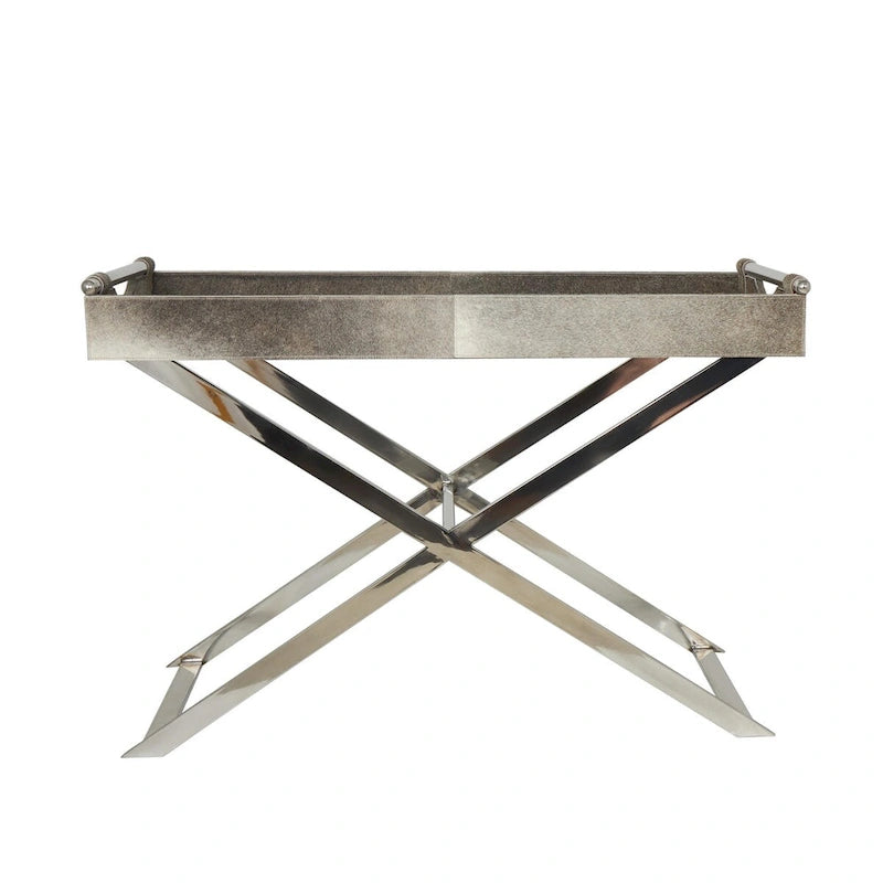 Table d'appoint en cuir de vache avec pieds diagonaux en acier inoxydable