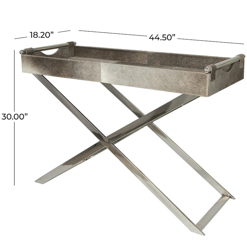 Table d'appoint en cuir de vache avec pieds diagonaux en acier inoxydable