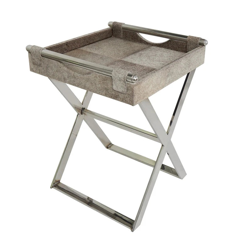 Table d'appoint en cuir de vache avec pieds diagonaux en acier inoxydable