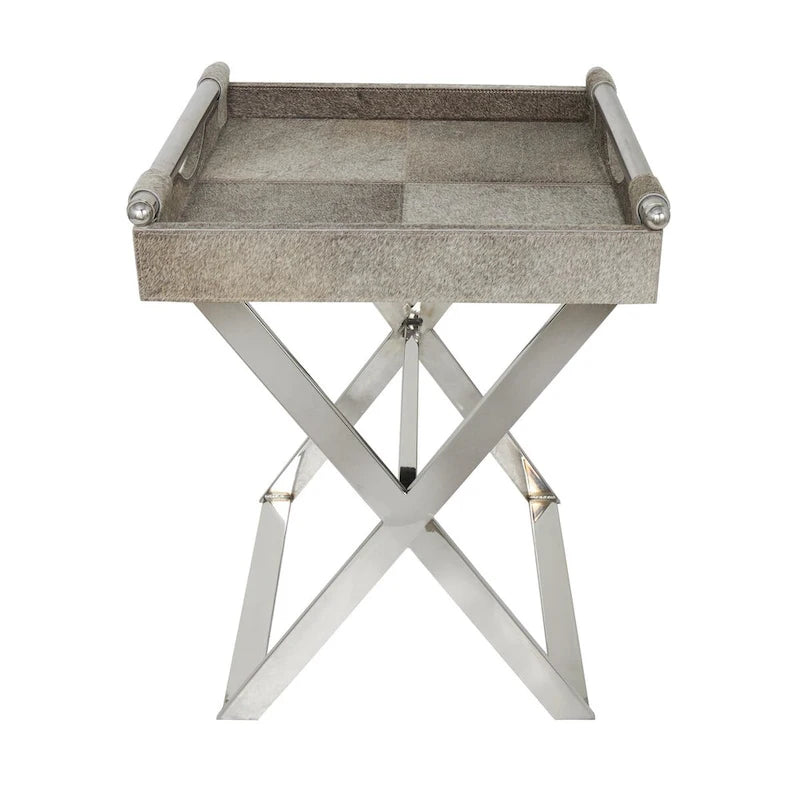 Table d'appoint en cuir de vache avec pieds diagonaux en acier inoxydable