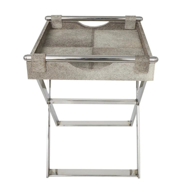 Table d'appoint en cuir de vache avec pieds diagonaux en acier inoxydable