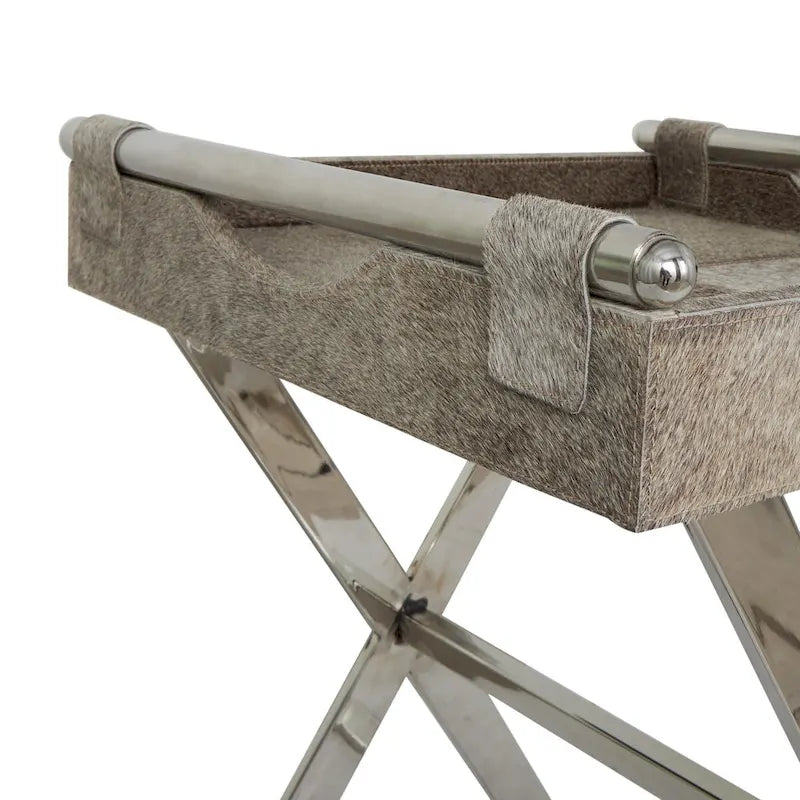 Table d'appoint en cuir de vache avec pieds diagonaux en acier inoxydable