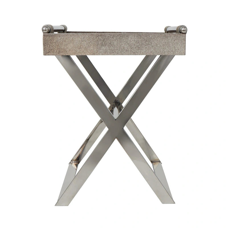 Table d'appoint en cuir de vache avec pieds diagonaux en acier inoxydable