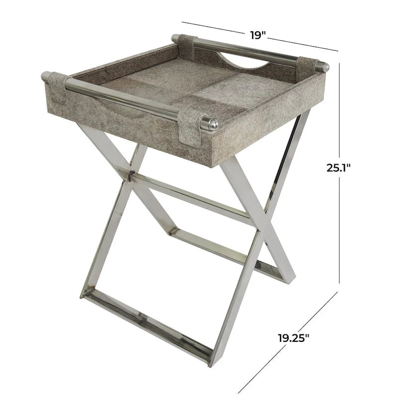 Table d'appoint en cuir de vache avec pieds diagonaux en acier inoxydable