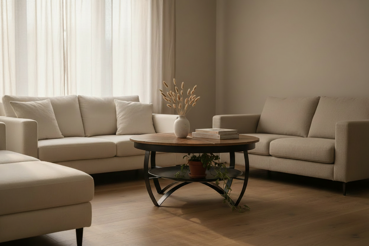 Round Mango Wood Coffee Table - Bright Interior Scene